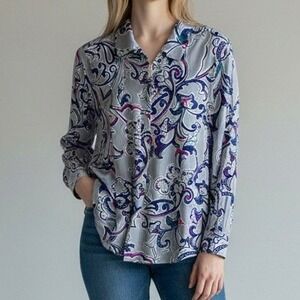 Chico's Women Button Down Shirt 2 L Grey Blue Paisley Modal Long Sleeve Light